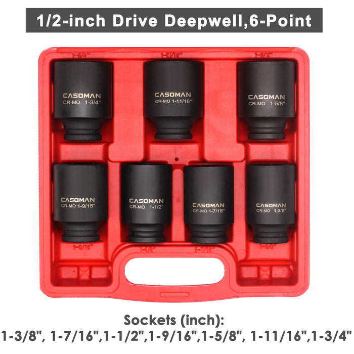 CASOMAN 1/2-Inch Drive Deep Spindle Axle Nut Impact Socket Set, 1/2" Drive Deep Impact Socket Set, 7 Piece Axle Socket Set