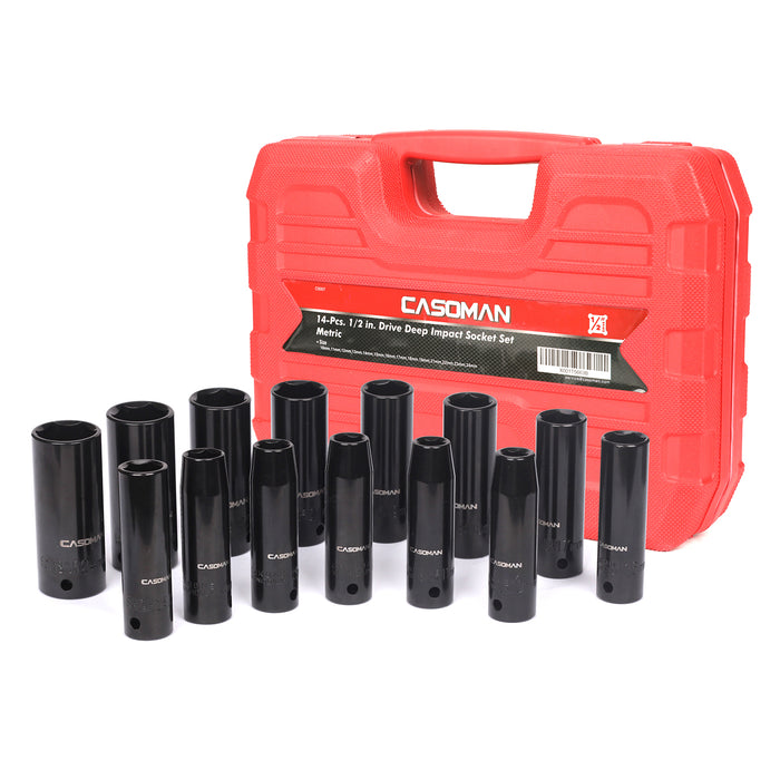 CASOMAN 1/2-Inch Drive Deep Impact Socket Set, Metric, Cr-V, 6-Point, 10 mm - 24 mm, 14-Sockets Set