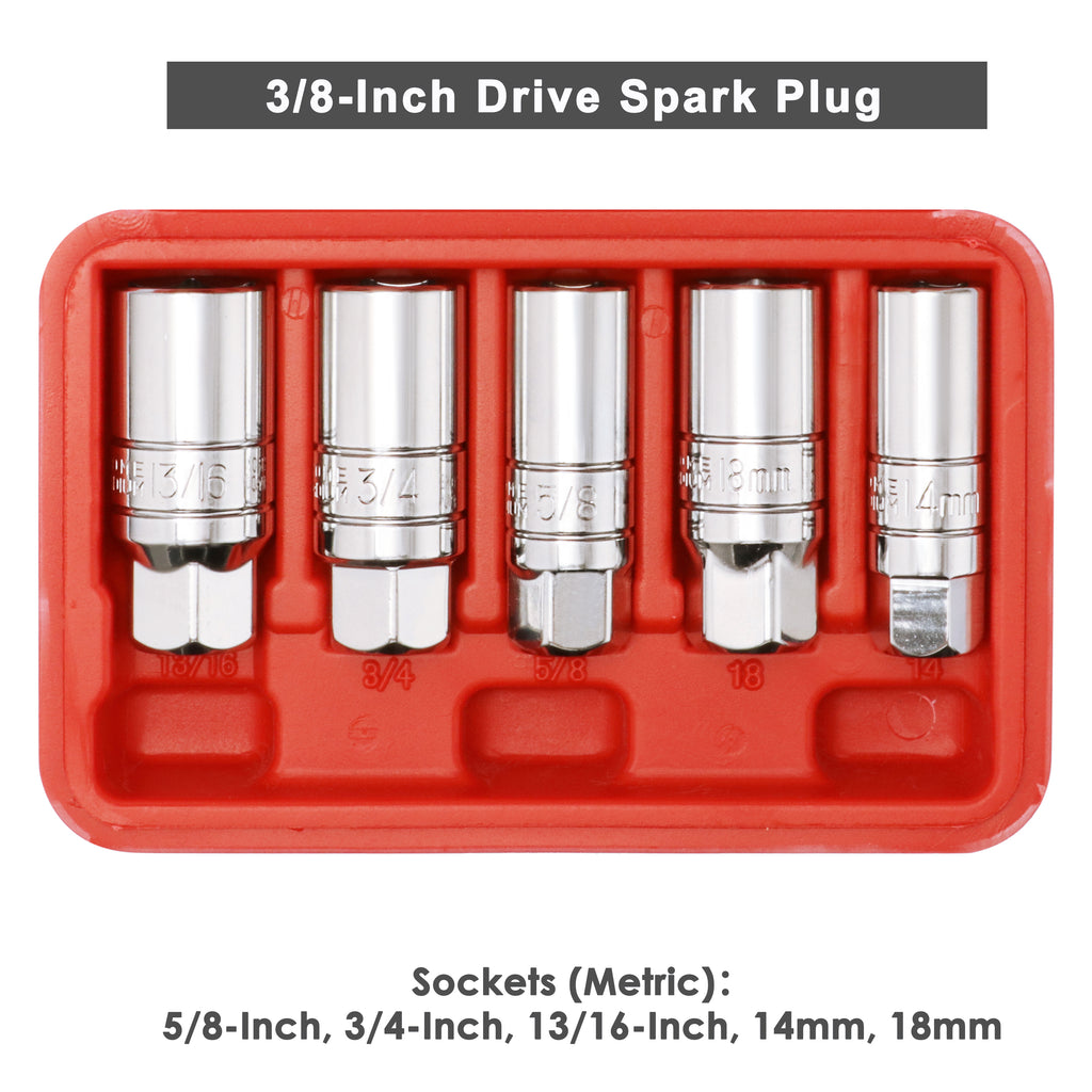 CASOMAN 3/8-Inch Drive Spark Plug Socket Set, 6-Point, 5/8-Inch, 3/4-Inch, 13/16-Inch, 14mm, 18mm, 5-Piece Set