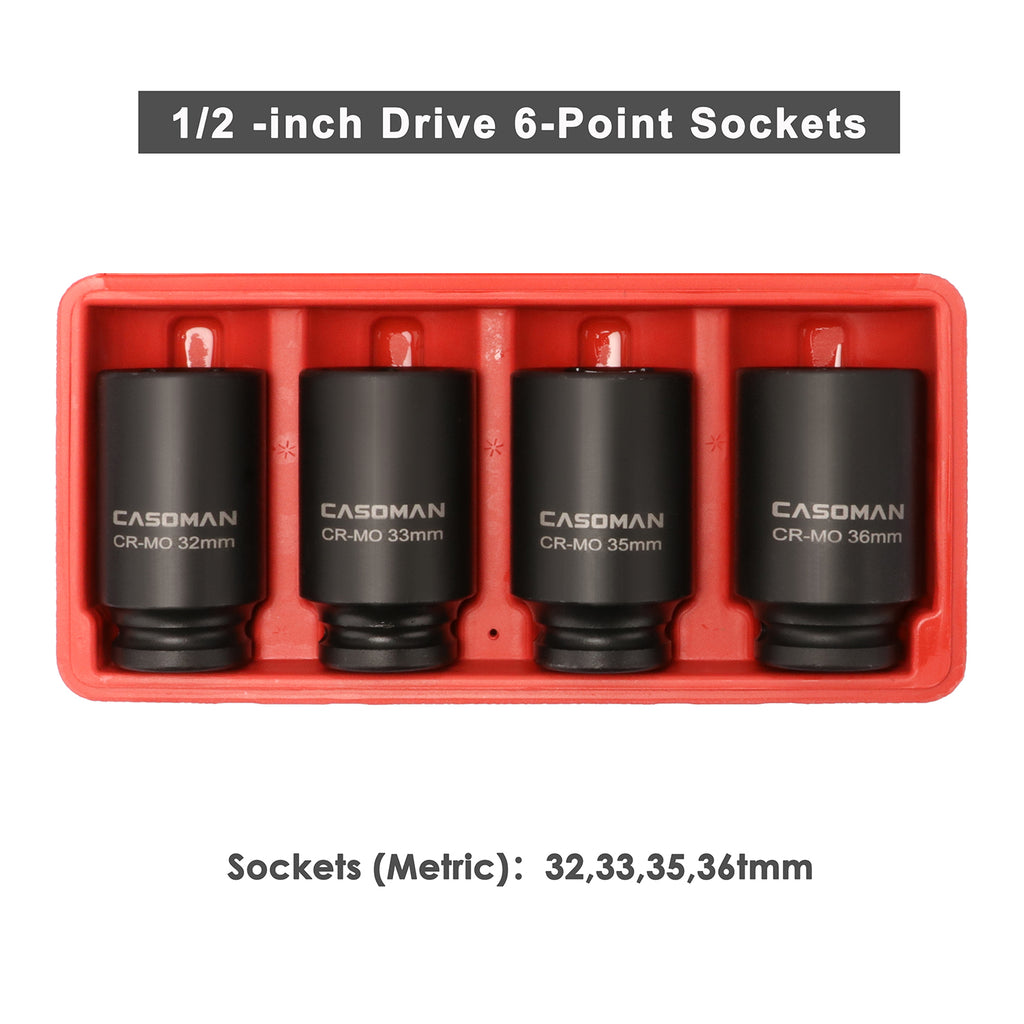CASOMAN 1/2'' Drive Deep Spindle Axle Nut Impact Socket Set, 6 Point,Heavy Duty Use In Removing And Installing Axle Nuts