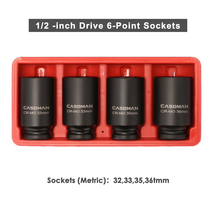 CASOMAN 1/2'' Drive Deep Spindle Axle Nut Impact Socket Set, 6 Point,Heavy Duty Use In Removing And Installing Axle Nuts