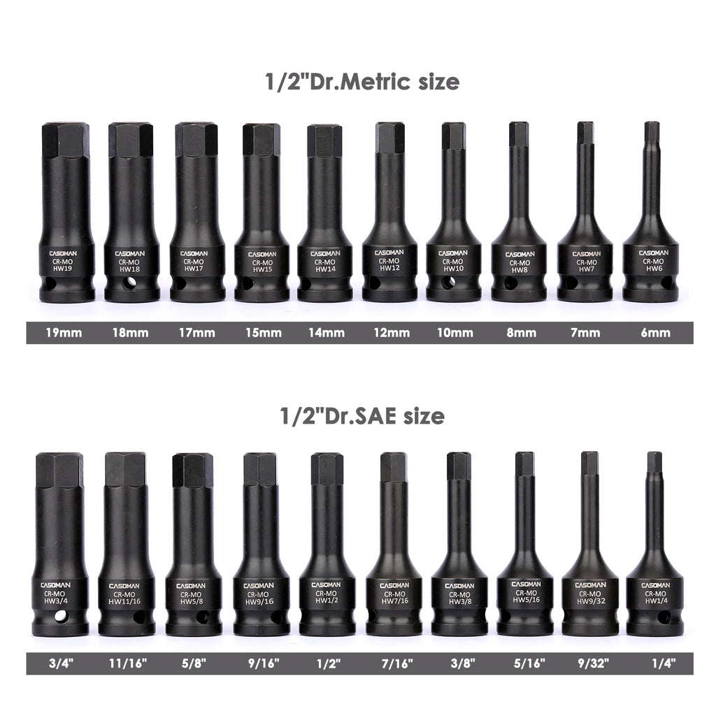 CASOMAN 1/2" Drive Master Impact Hex Bit Set, Hex Driver, SAE/Metric, 1/4" - 3/4", 6mm - 19mm, 20-Piece 1/2" Drive Allen Bit Socket Set