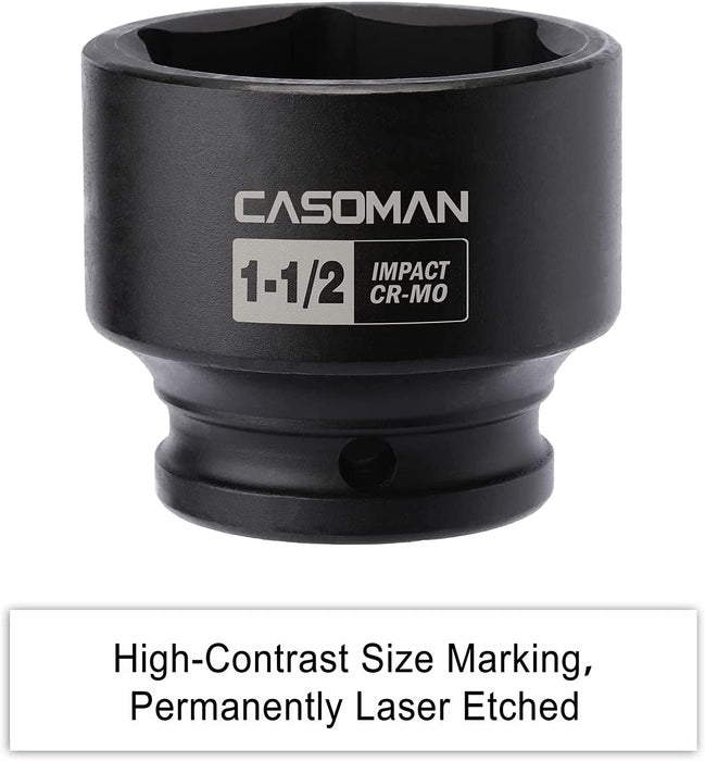 CASOMAN 6-Point 1/2-Inch Drive Shallow Impact Socket- 1-1/2" (SAE), CR-MO, 1/2-inch Drive 6 Point Axle Nut Socket for Easy Removal of Axle Shaft Nuts