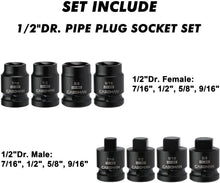 Load image into Gallery viewer, CASOMAN 8PCS 1/2-Inch Drive Pipe Plug Socket Set,SAE,Male/Female Set,7/16",1/2",5/8",9/16",Tapered Male Square Drive,Chamfered Female Square Drive