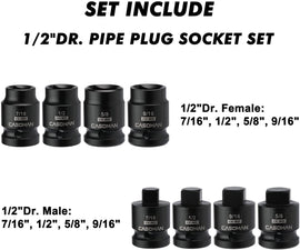 CASOMAN 8-Piece 1/2-Inch Drive Male and Female Pipe Plug Socket Set, SAE 7/16, 1/2, 9/16 & 5/8 Inch, CR-MO