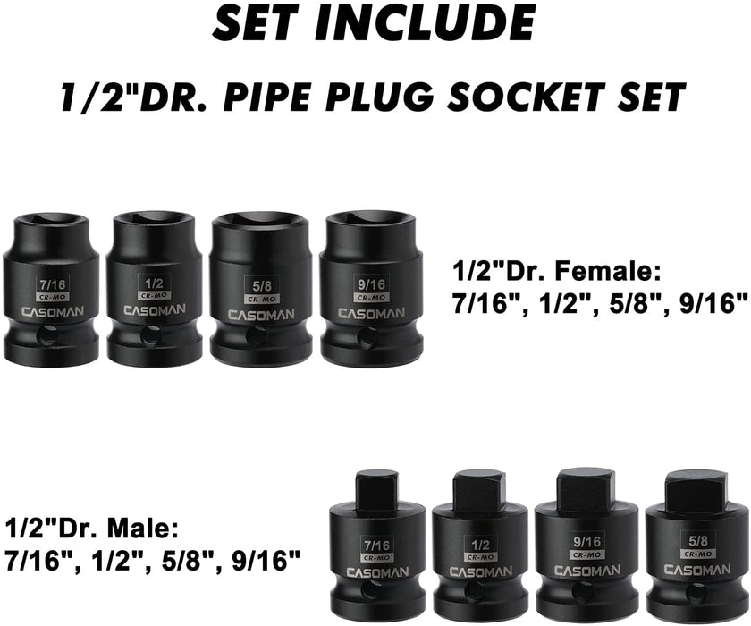 thumbnail image 2 of CASOMAN 8-Piece Pipe Plug Socket Set - 1/2" Drive SAE Male/Female Cr-Mo Sockets 2 of 12