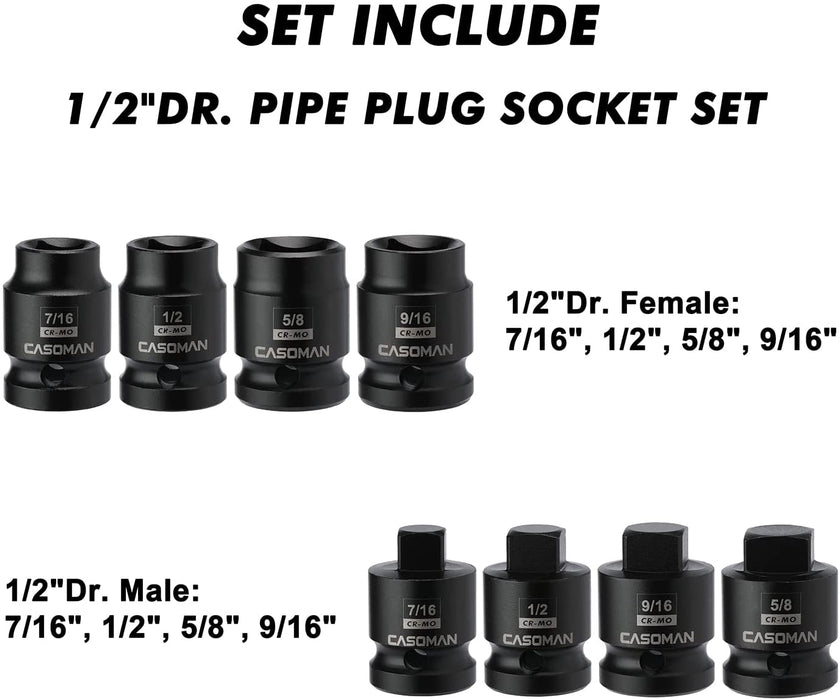 CASOMAN 8PCS 1/2-Inch Drive Pipe Plug Socket Set,SAE,Male/Female Set,7/16",1/2",5/8",9/16",Tapered Male Square Drive,Chamfered Female Square Drive