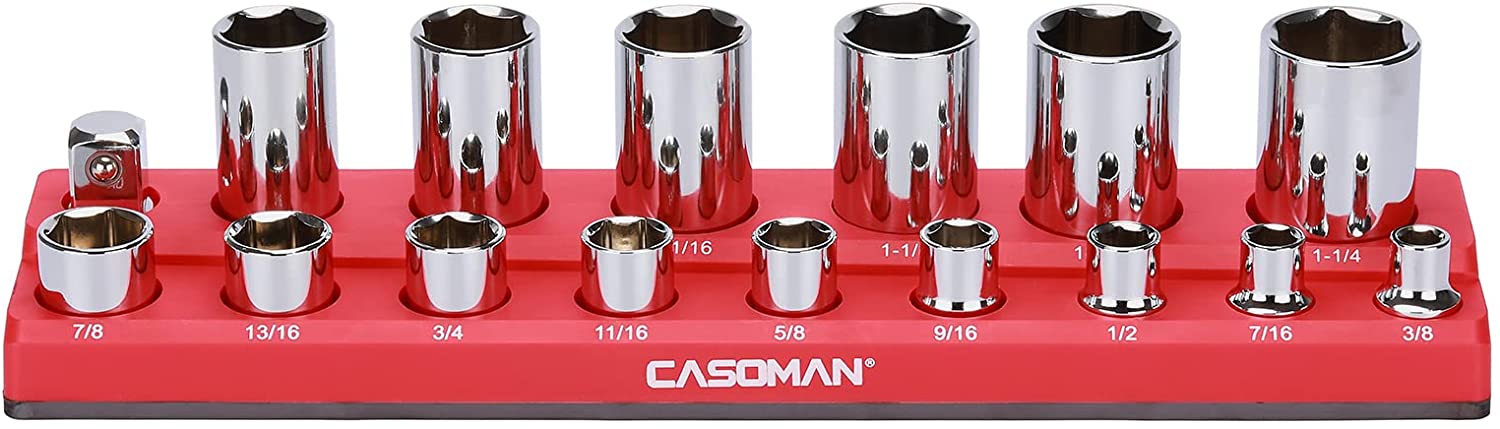 CASOMAN 1/2-Inch Magnetic Socket Organizer, Holds 16 SAE Sockets, Red Color, Professional Quality Tools Organizer