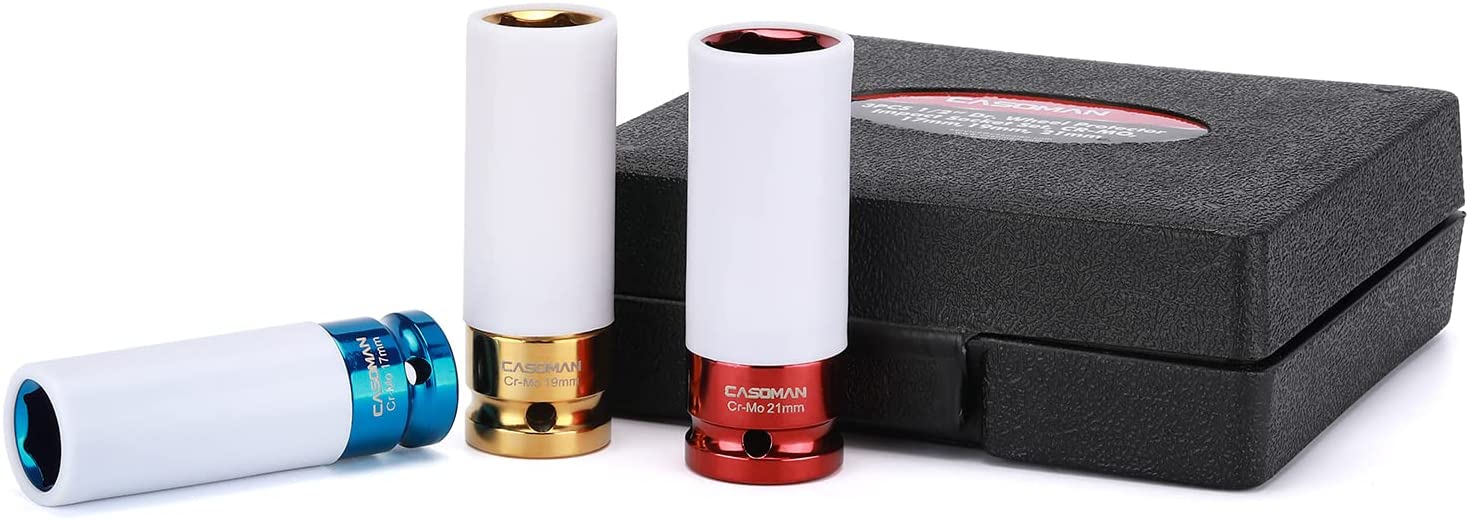 CASOMAN 1/2-Inch Drive Wheel Protector Impact Socket,1/2" Thin Wall Deep Impact Socket Set Plastic Sleeve Lug Nut,6 Point,Metric,CR-MO,17mm,19mm,21mm