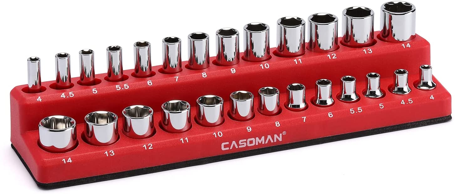 CASOMAN 3/8-inch Magnetic Socket Organizer, Holds 26 SAE Sockets, Red  Color, Professional Quality Tools Organizer 