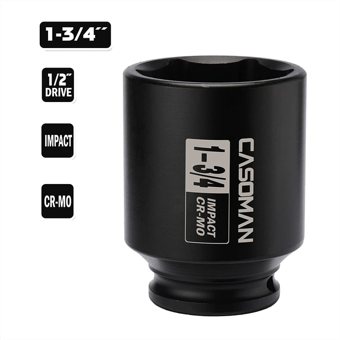 CASOMAN 6-Point 1/2-Inch Drive Deep Impact Socket- 1-3/4" (SAE), CR-MO, 1/2-inch Drive 6 Point Axle Nut Socket for Easy Removal of Axle Shaft Nuts