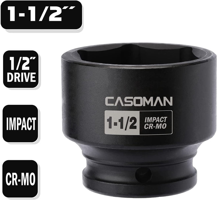 CASOMAN 6-Point 1/2-Inch Drive Shallow Impact Socket- 1-1/2" (SAE), CR-MO, 1/2-inch Drive 6 Point Axle Nut Socket for Easy Removal of Axle Shaft Nuts