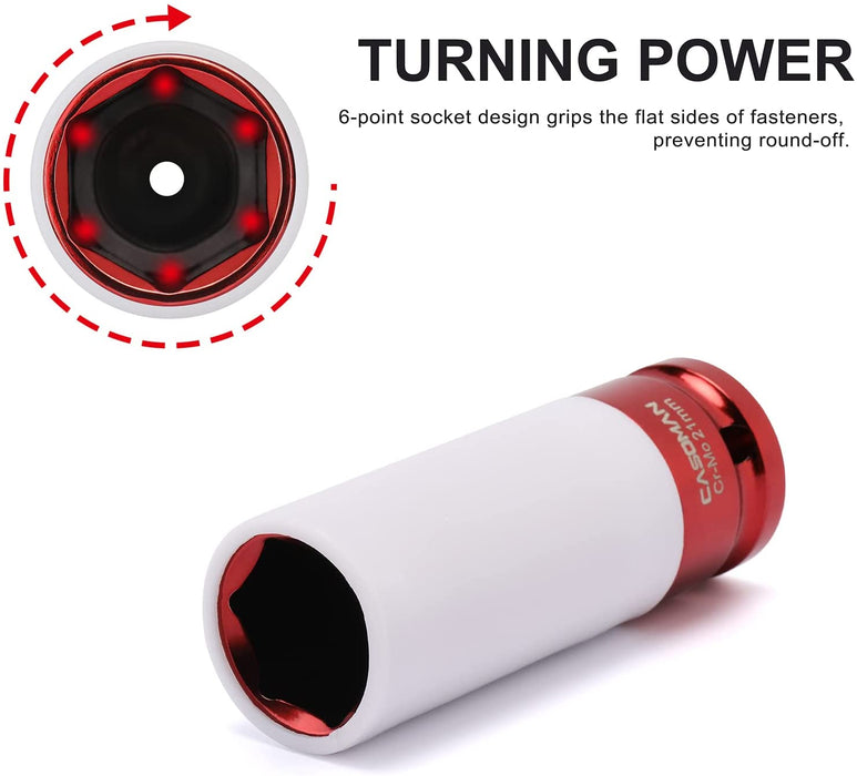 CASOMAN 1/2-Inch Drive Wheel Protector Impact Socket,1/2" Thin Wall Deep Impact Socket Set Plastic Sleeve Lug Nut,6 Point,Metric,CR-MO,17mm,19mm,21mm