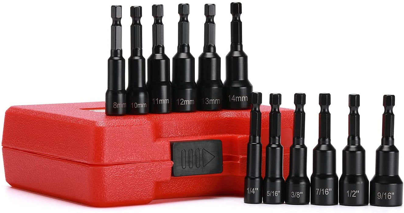CASOMAN 12 Pieces 1/4" Magnetic Hex Nut Driver Set, 1/4" to 9/16", 8 to 10mm, Impact Ready Magnetic Nut Driver Bit Set, SAE&Metric