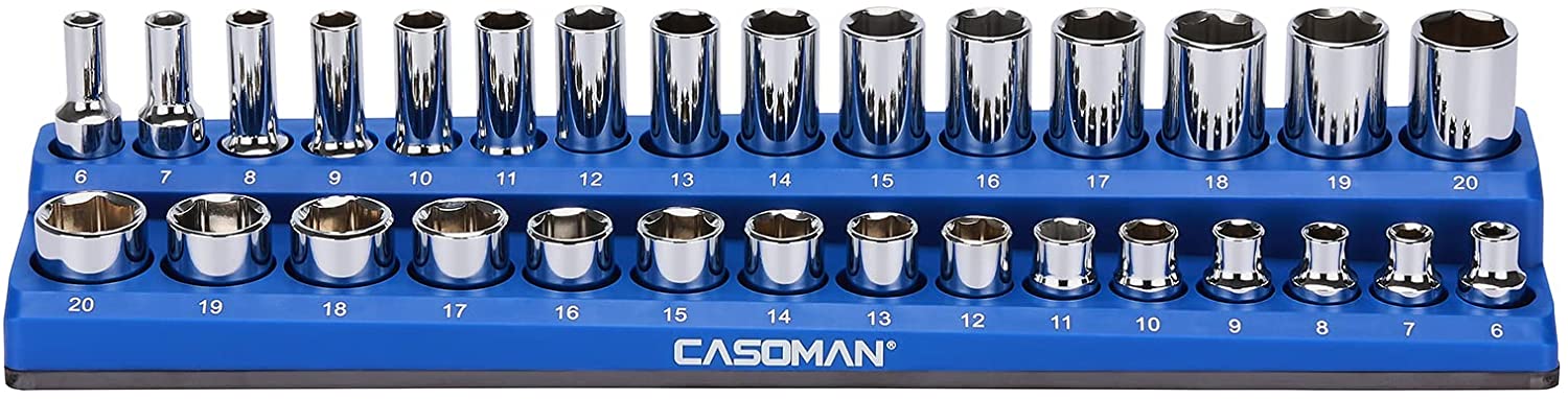 CASOMAN 3/8-Inch Magnetic Socket Organizer, Holds 30 Metric Sockets, Blue Color, Magnetic Socket Holder