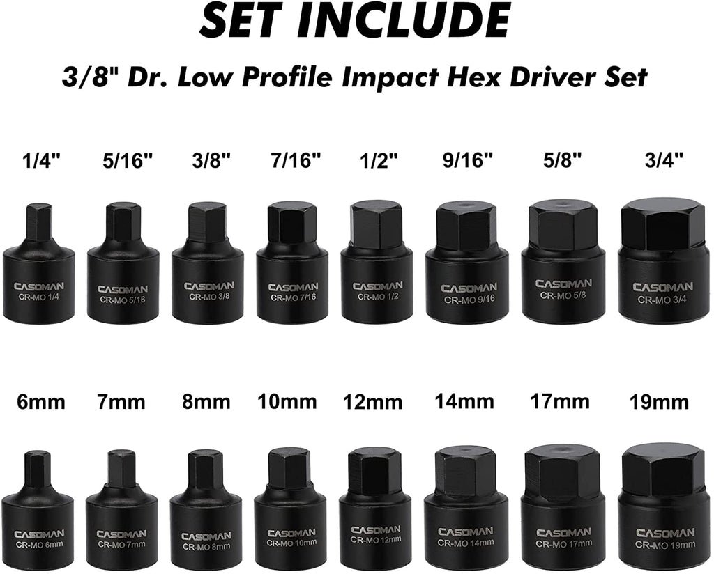 CASOMAN 16 Piece 3/8 Inch Drive Low Profile Impact Hex Driver Set, Cr-Mo, 1/4"-3/4", 6mm-19mm, Impact SAE and Metric Hex Bit Socket Set