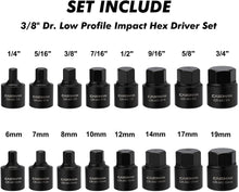 Load image into Gallery viewer, CASOMAN 16 Piece 3/8 Inch Drive Low Profile Impact Hex Driver Set, Cr-Mo, 1/4"-3/4", 6mm-19mm, Impact SAE and Metric Hex Bit Socket Set