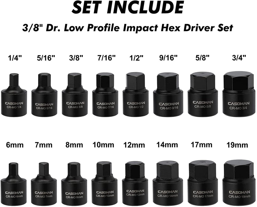 CASOMAN 16 Piece 3/8 Inch Drive Low Profile Impact Hex Driver Set, Cr-Mo, 1/4"-3/4", 6mm-19mm, Impact SAE and Metric Hex Bit Socket Set