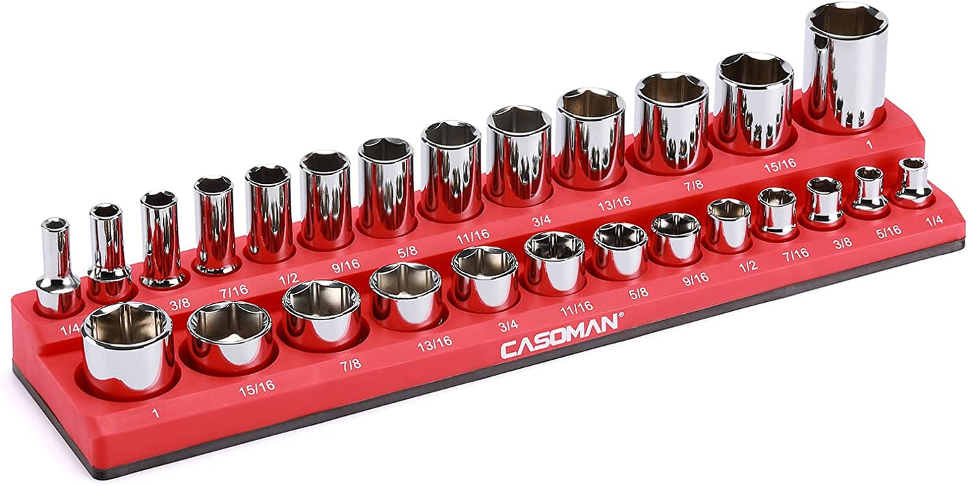 CASOMAN 3/8-Inch Magnetic Socket Organizer, Holds 26 SAE Sockets, Red Color, Professional Quality Tools Organizer