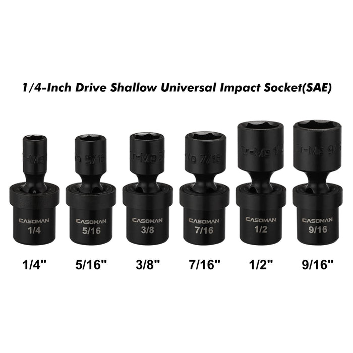 CASOMAN 1/4-Inch Drive Shallow Universal Impact Socket Set, SAE, 6 Pieces Set, 1/4" to 9/16", 6-Point, Cr-Mo, Swivel Socket