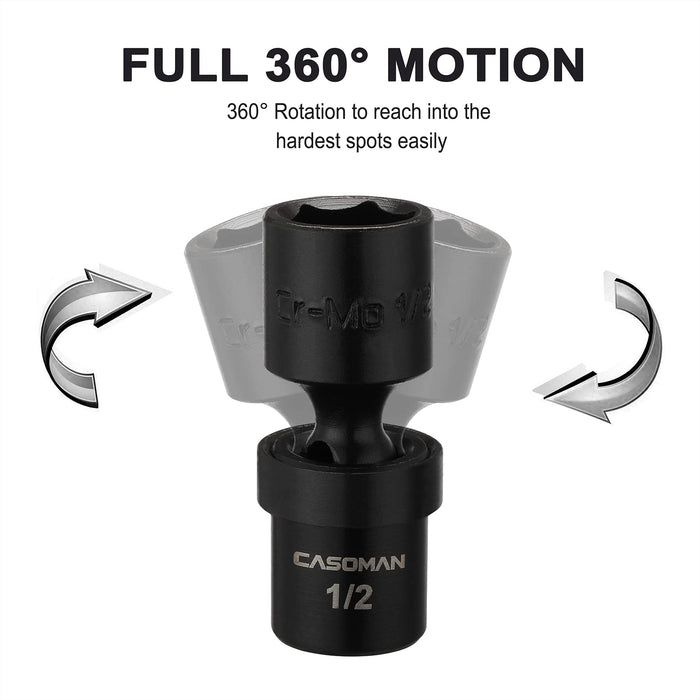 CASOMAN 1/4-Inch Drive Shallow Universal Impact Socket Set, SAE, 6 Pieces Set, 1/4" to 9/16", 6-Point, Cr-Mo, Swivel Socket