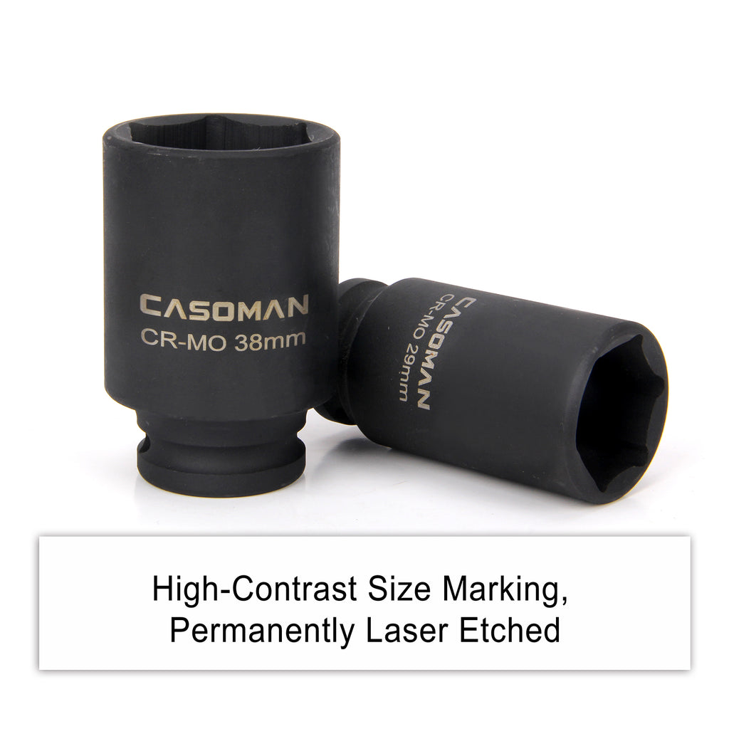 CASOMAN 1/2- Inch Drive Deep Spindle Axle Nut Impact Socket Set, 6 Point, CR-MO, Metric, 29mm-38mm, 9-Piece 1/2" Dr. Deep Impact Socket Set