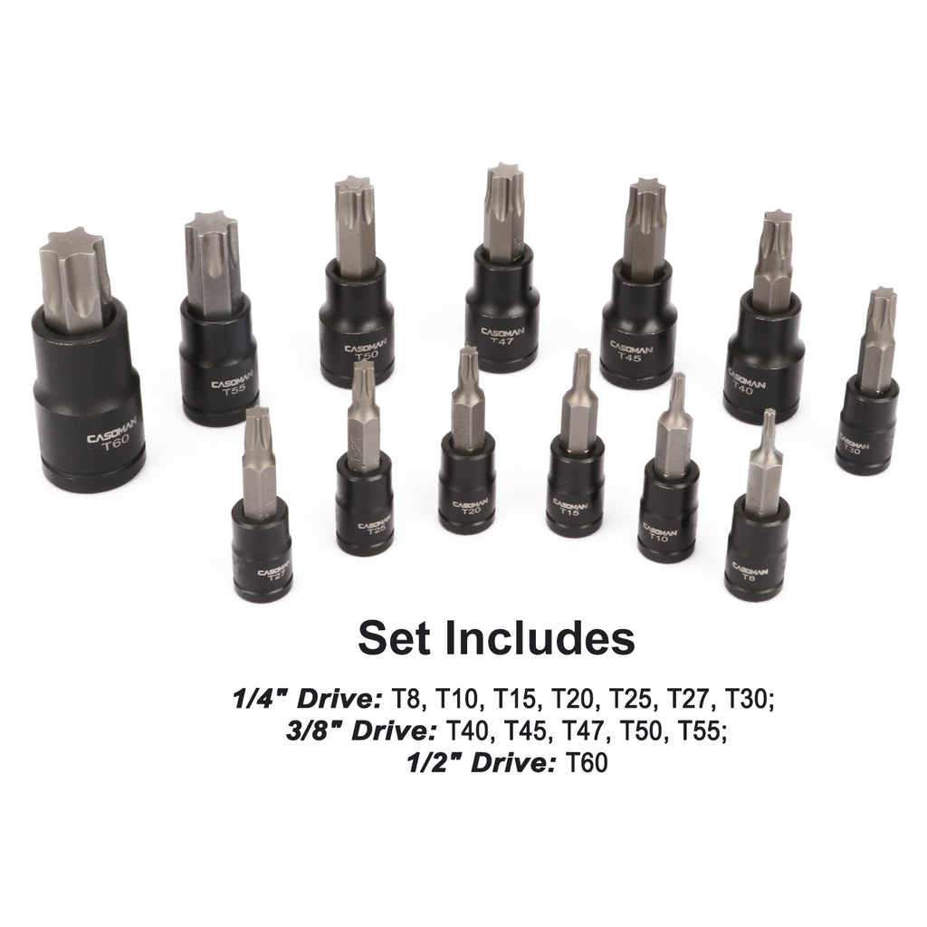 CASOMAN 25 Piece Torx Bit Socket and External Socket Set, 13 Star Socket Bits (T8- T60)& 12 Female E-Torx Sockets (E4-E22)