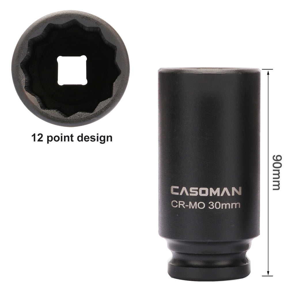 CASOMAN 1/2-Inch Drive Deep Spindle Axle Nut Impact Socket Set,12 Point, Metric, CR-MO, 30,32,34,36mm, 4-Piece 1/2" Heavy Duty Impact Socket Set