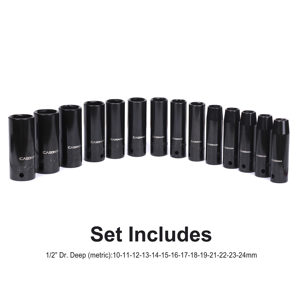 CASOMAN 1/2-Inch Drive Deep Impact Socket Set, Metric, Cr-V, 6-Point, 10 mm - 24 mm, 14-Sockets Set