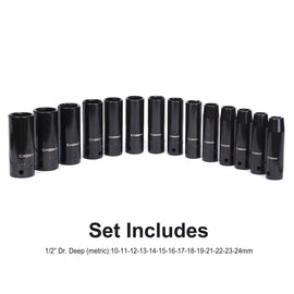 CASOMAN 1/2-Inch Drive Deep Impact Socket Set, Metric, Cr-V, 6-Point, 10 mm - 24 mm, 14-Sockets Set