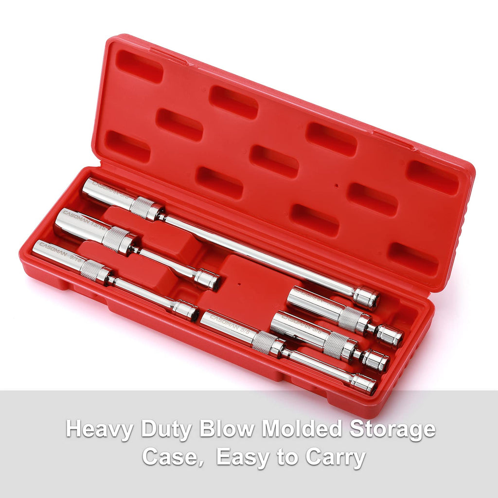 CASOMAN 6PCS 3/8-Inch Drive Magnetic Swivel Spark Plug Socket Set, Include 9/16-Inch, 5/8-Inch, 13/16-Inch, 14mm Socket, Length: 4-Inch, 6-Inch, 11-Inch, 12-Point, CR-V