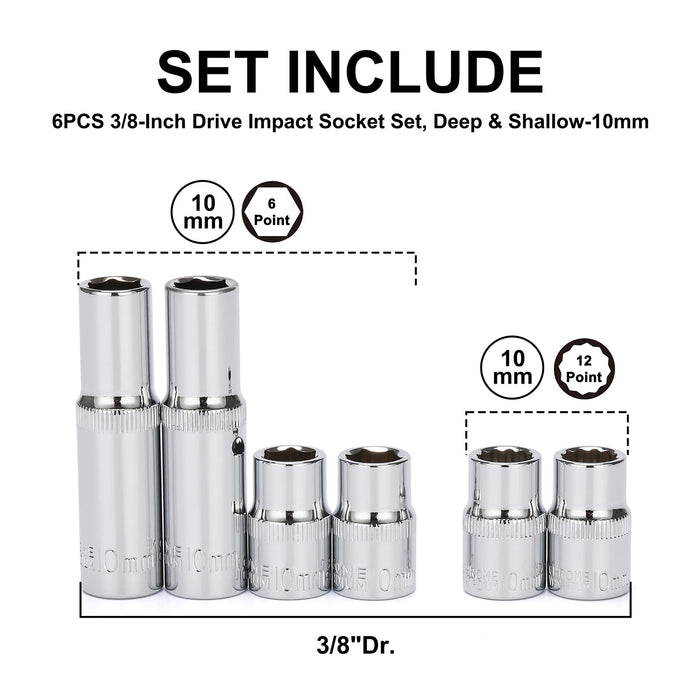 CASOMAN 6 Pieces 3/8-Inch Drive Impact Socket Set, Deep & Shallow