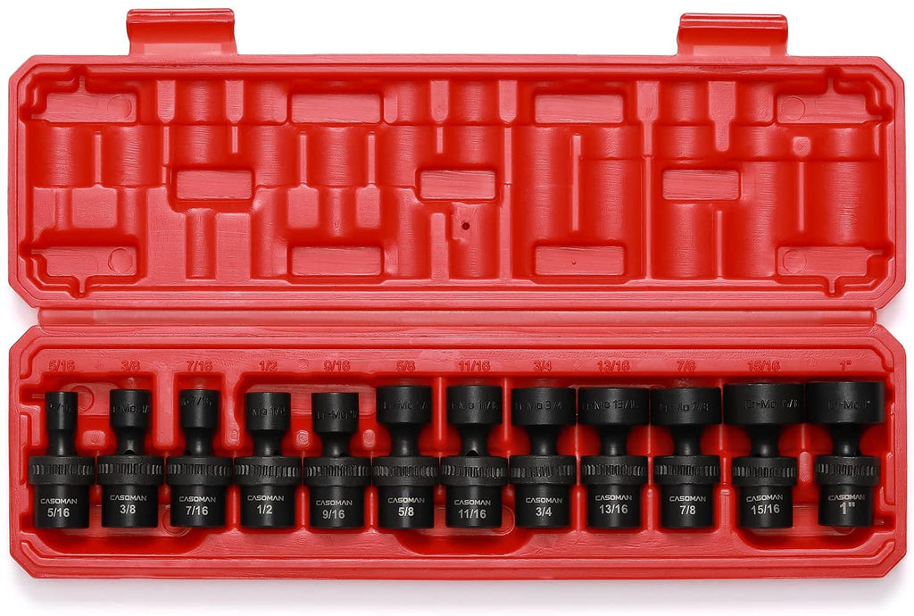 CASOMAN 12 Pieces 3/8-Inch Drive Shallow Universal Impact Socket Set, SAE, 5/16"-1", CR-MO, Swivel Socket