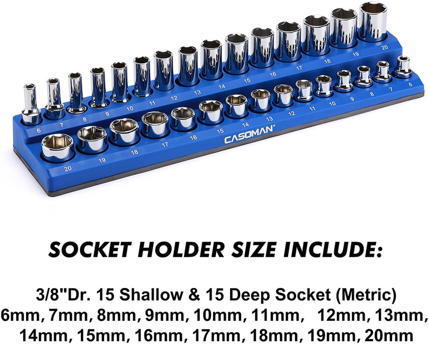 CASOMAN 3/8-Inch Magnetic Socket Organizer, Holds 30 Metric Sockets, Blue Color, Magnetic Socket Holder
