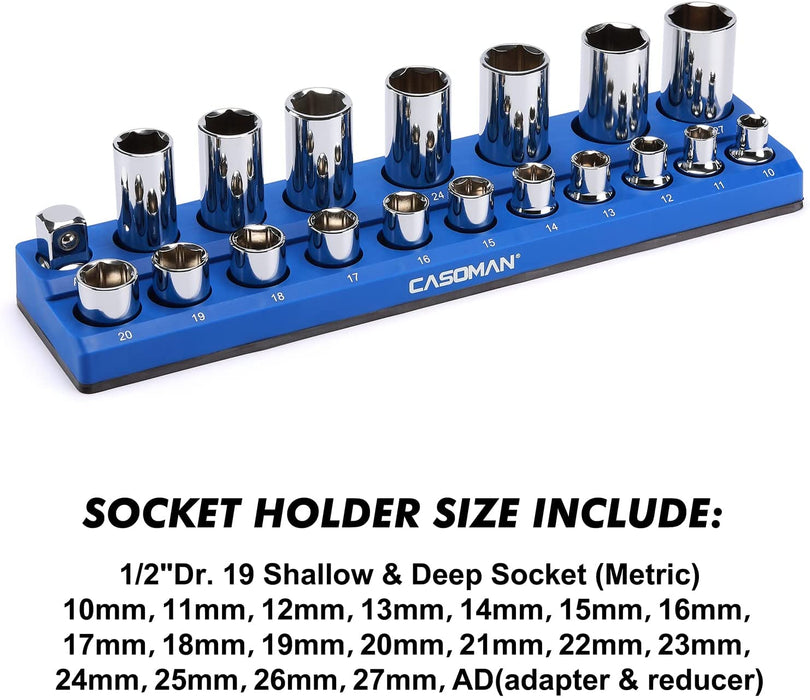 CASOMAN 1/2-Inch Magnetic Socket Organizer, Holds 19 Metric Sockets, Blue Color, Magnetic Socket Holder