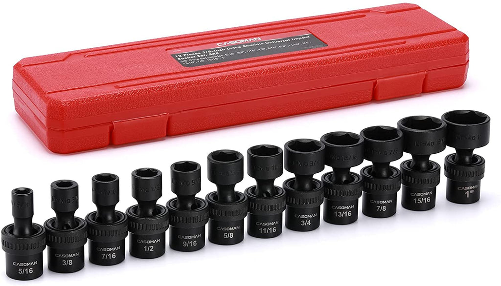 CASOMAN 12 Pieces 3/8-Inch Drive Shallow Universal Impact Socket Set, SAE, 5/16"-1", CR-MO, Swivel Socket