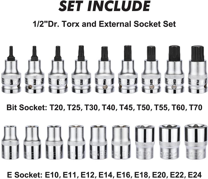 CASOMAN 18 Piece 1/2" Dr.Torx and External Socket Set, Master Torx Bit Socket Set and E-Torx(Star) Socket Set, Cr-V & S2, T20-T70, E10-E24