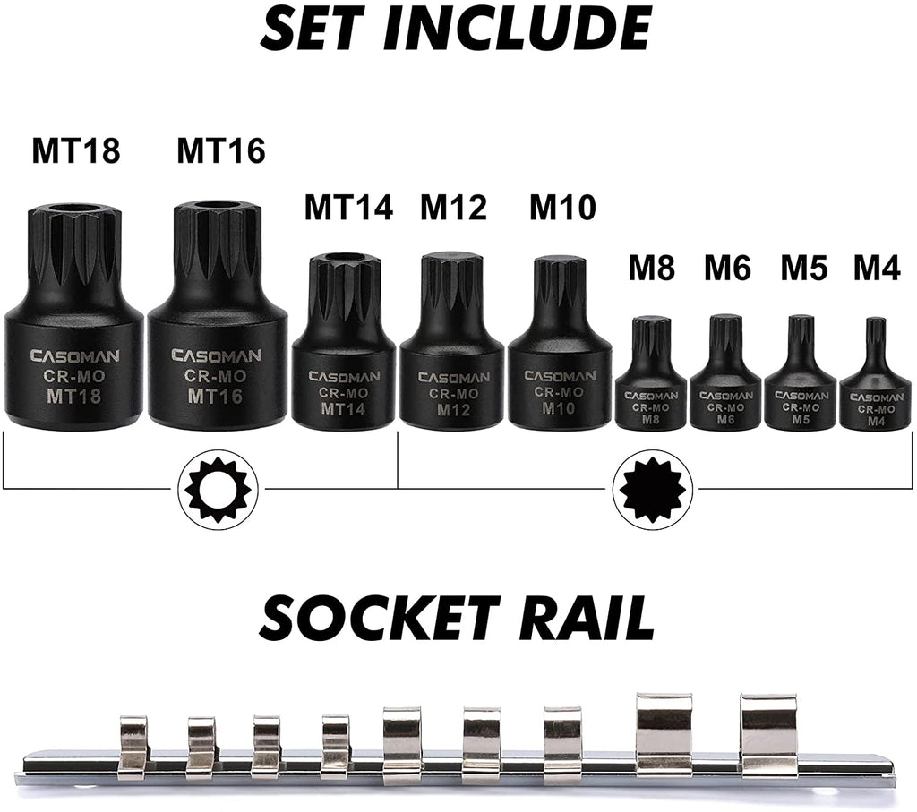 CASOMAN 9-Piece Low Profile Impact Triple Square Bit Socket Set,Includes Storage Rail,1/4", 3/8" and 1/2" Drive,CR-MO Steel, Designed for Impact Use