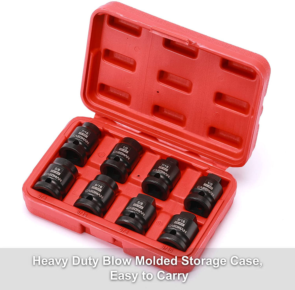 CASOMAN 8PCS 1/2-Inch Drive Pipe Plug Socket Set,SAE,Male/Female Set,7/16",1/2",5/8",9/16",Tapered Male Square Drive,Chamfered Female Square Drive