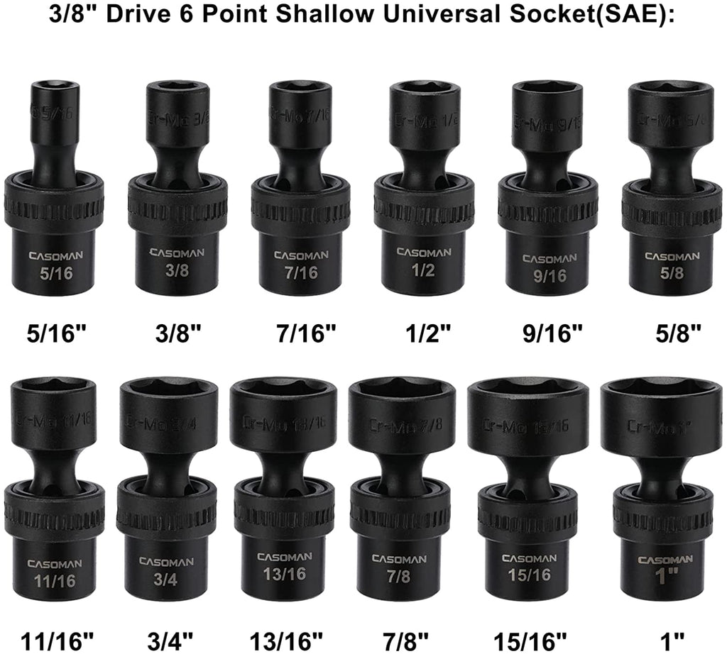 CASOMAN 12 Pieces 3/8-Inch Drive Shallow Universal Impact Socket Set, SAE, 5/16"-1", CR-MO, Swivel Socket