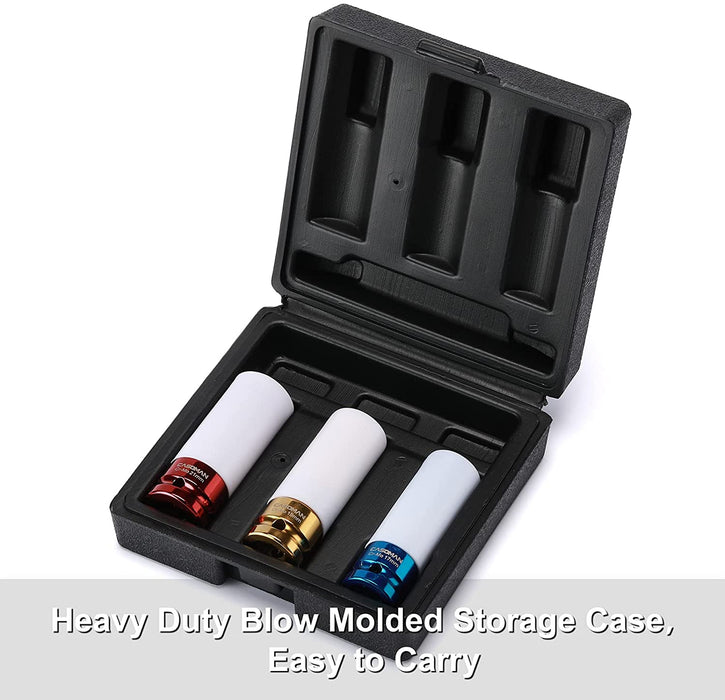 3-Piece CR-MO Thin Wall Impact Socket Set - 17mm, 19mm, 21mm Deep For Wheel Lug Nuts