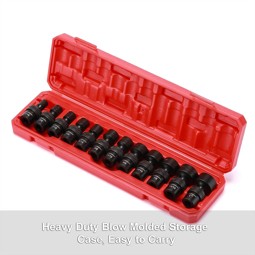 CASOMAN 12 Pieces 3/8-Inch Drive Shallow Universal Impact Socket Set, SAE, 5/16"-1", CR-MO, Swivel Socket