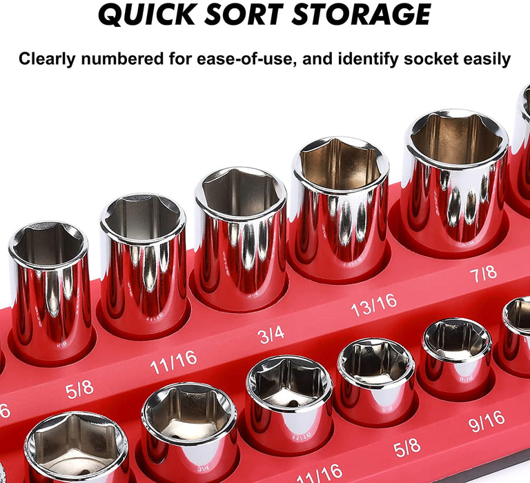 CASOMAN 3/8-Inch Magnetic Socket Organizer, Holds 26 SAE Sockets, Red Color, Professional Quality Tools Organizer