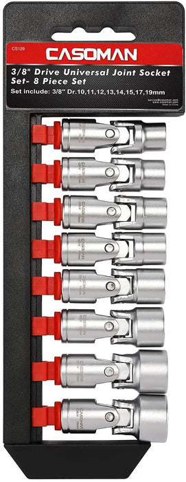 CASOMAN 3/8" Drive Universal Joint Socket Set- 8 Piece Flex Socket Set, 6-Point, Cr-V, Metric