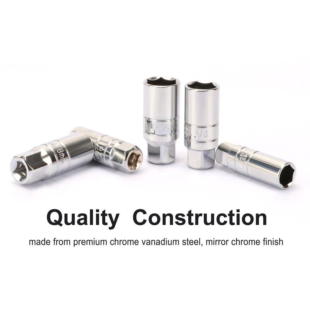 CASOMAN 3/8-Inch Drive Spark Plug Socket Set, 6-Point, 5/8-Inch, 3/4-Inch, 13/16-Inch, 14mm, 18mm, 5-Piece Set