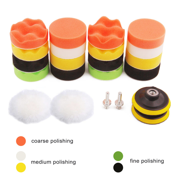 CASOMAN 22pcs 3-inch Buffing Pad Set for Car Sanding,Glaze Car Foam Drill Polishing Pad Kit