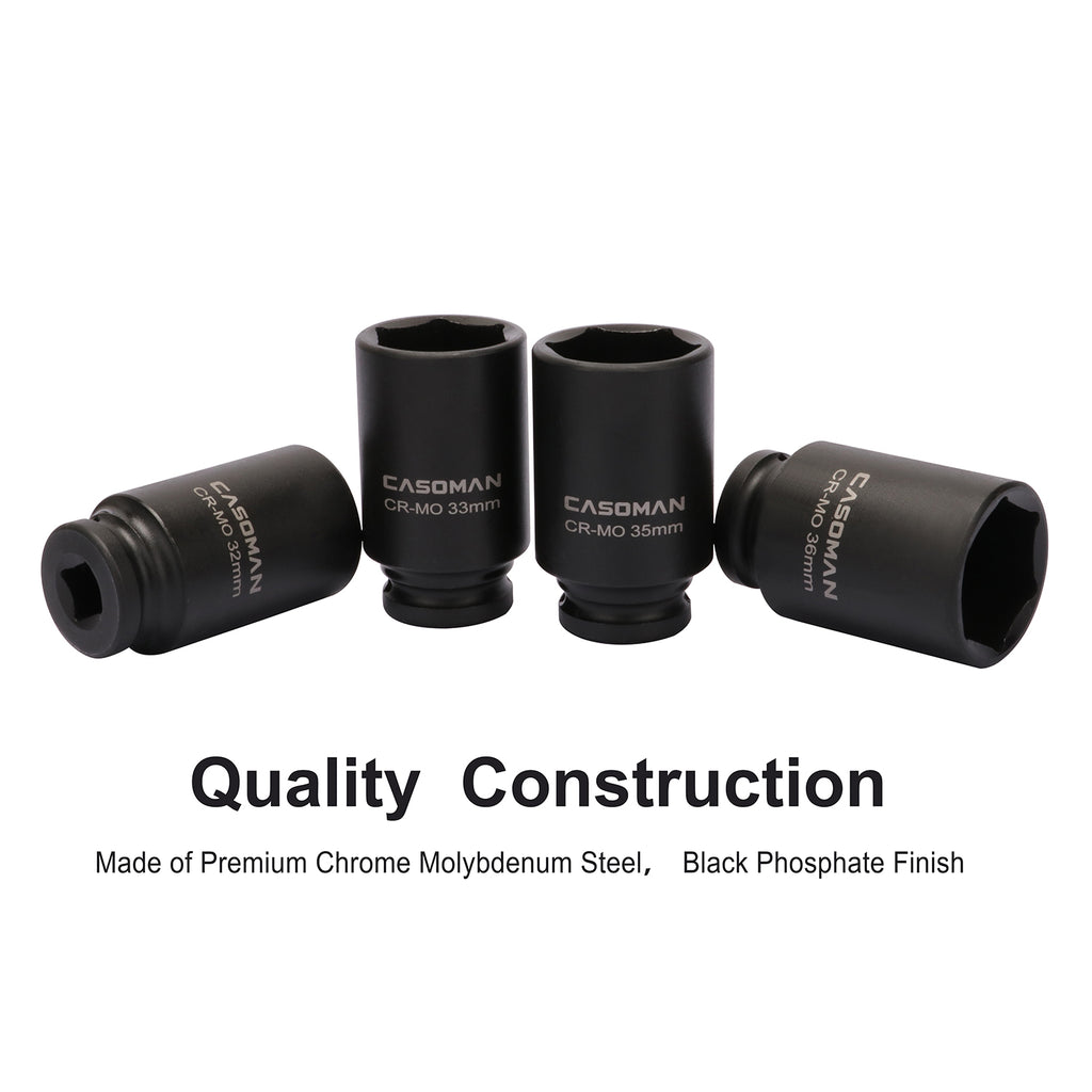 CASOMAN 1/2'' Drive Deep Spindle Axle Nut Impact Socket Set, 6 Point,Heavy Duty Use In Removing And Installing Axle Nuts