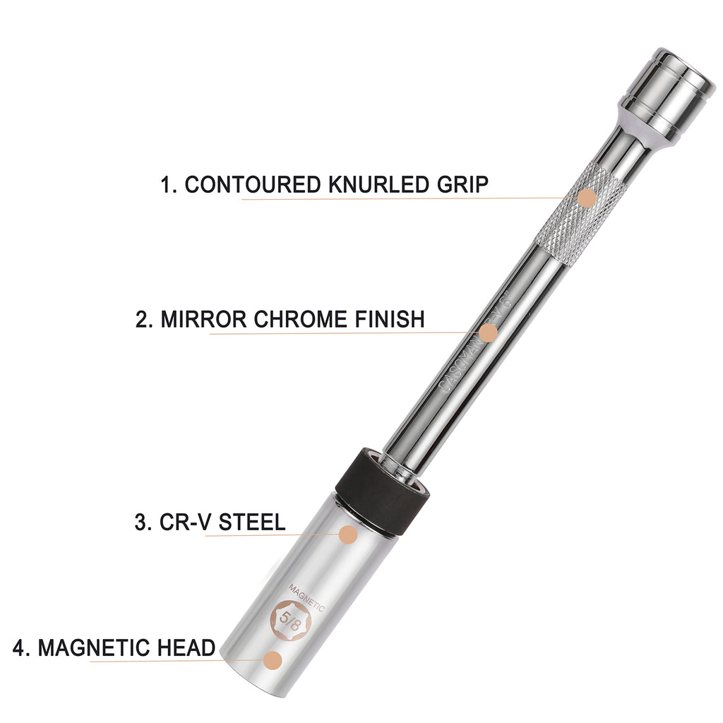 CASOMAN 5/8" Swivel Magnetic Spark Plug Socket, 3/8" Drive x 8-Inch Ext. Bar Length, 360 Degree Swivel, Enhanced Magnetic Design, 6 Point, Cr-V Steel