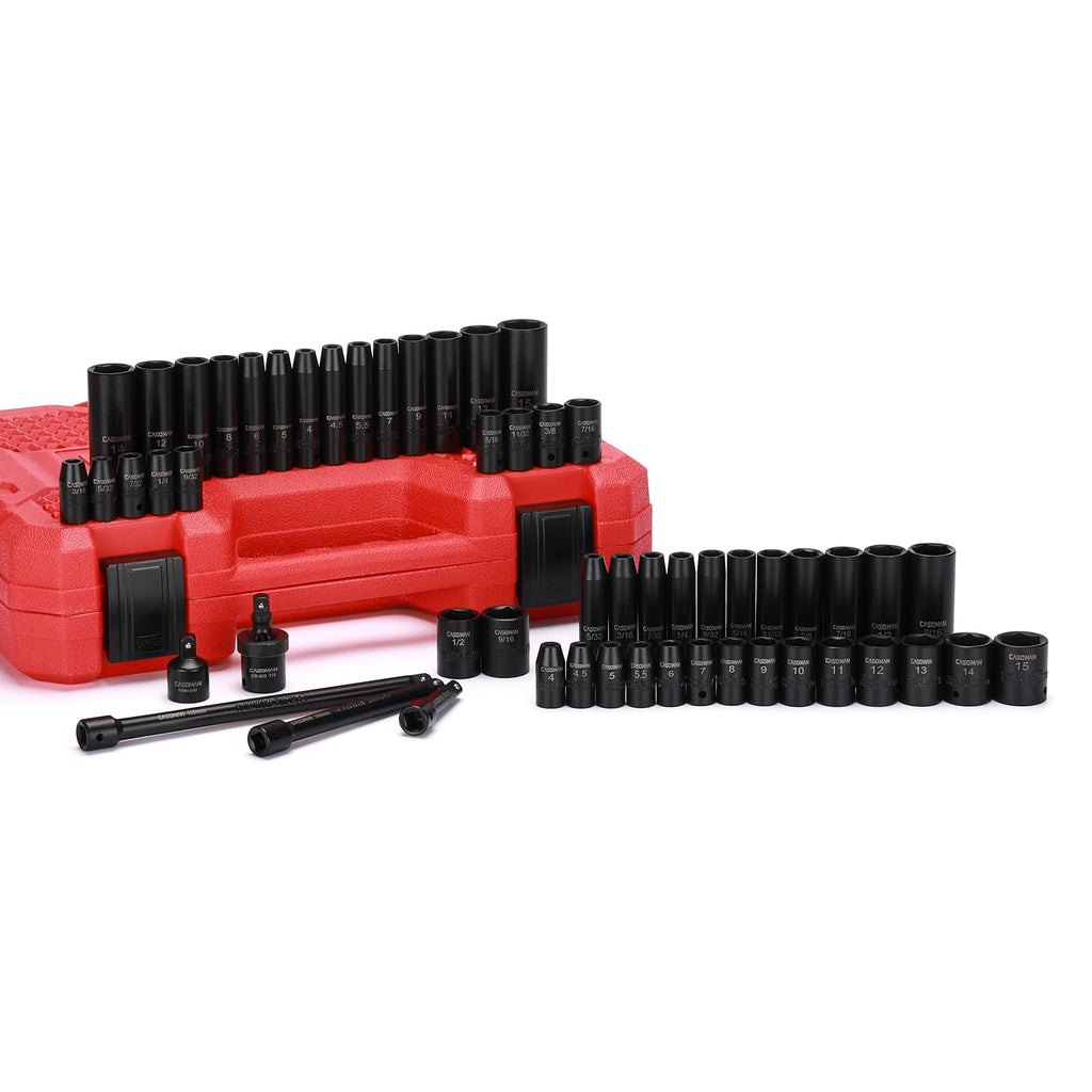 CASOMAN 55PCS 1/4-Inch Drive Impact Socket Set, Shallow & Deep, 5/32 Inch - 9/16 Inch, 4mm - 15mm, Metric/SAE, 6-Point, Cr-V Steel Socket Set