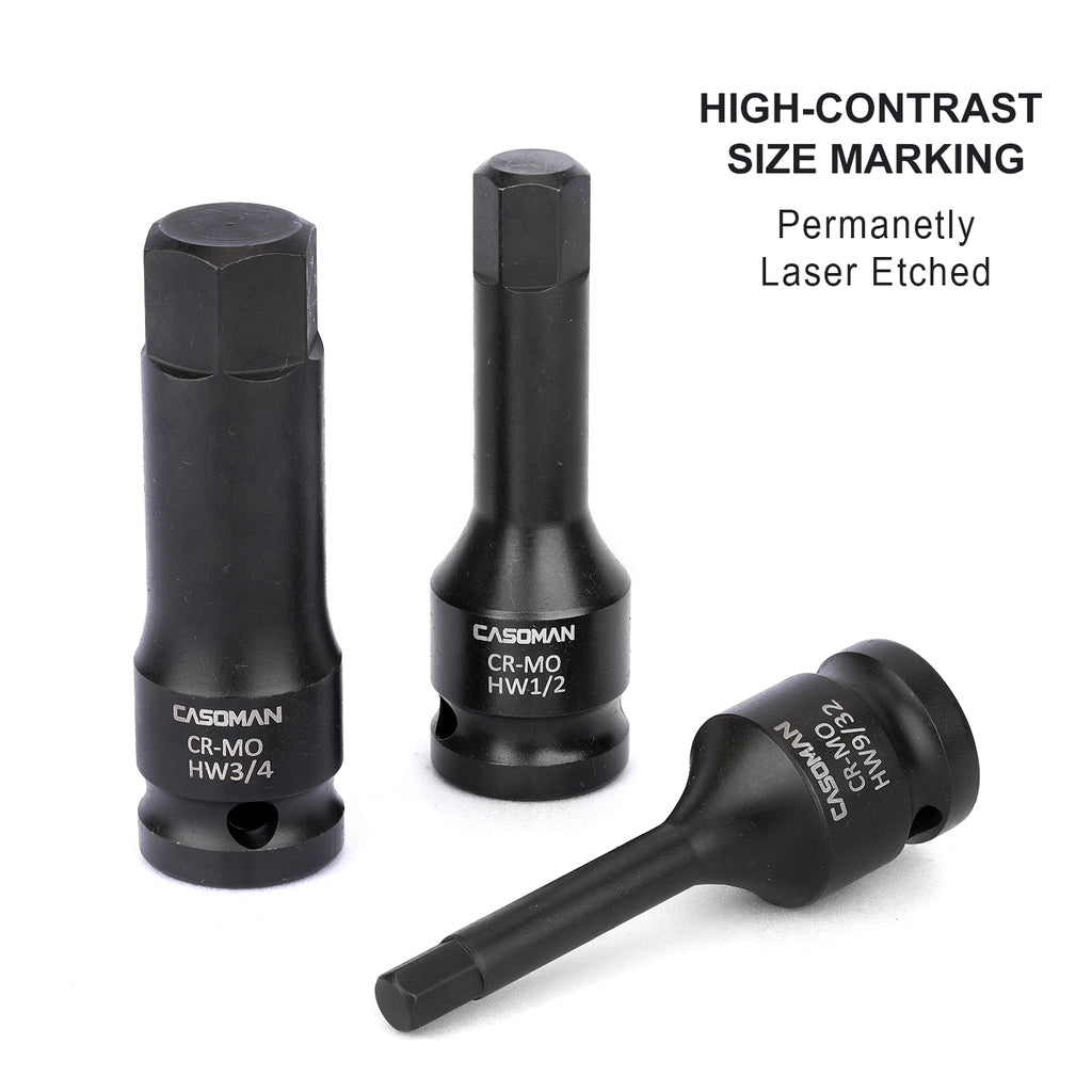 CASOMAN 1/2" Drive Master Impact Hex Bit Set, Hex Driver, SAE/Metric, 1/4" - 3/4", 6mm - 19mm, 20-Piece 1/2" Drive Allen Bit Socket Set